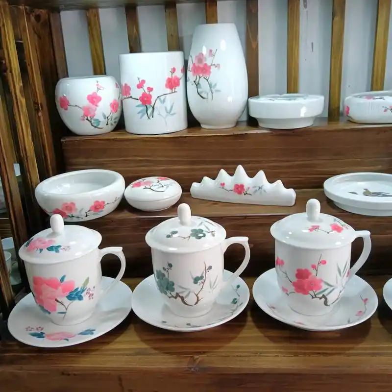 毛瓷仿7501系列经典老款翠竹红梅水点桃花芙蓉花,景德镇高温高白本地