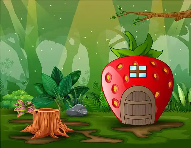 绿色田野里的卡通梦幻小屋图片