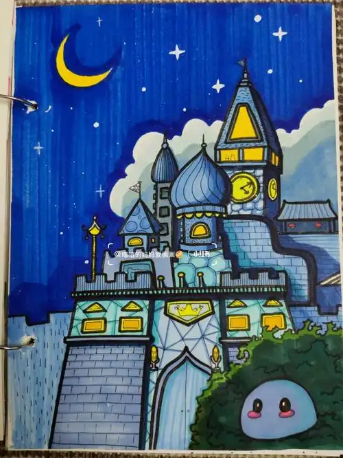 城堡的夜晚马克笔手绘