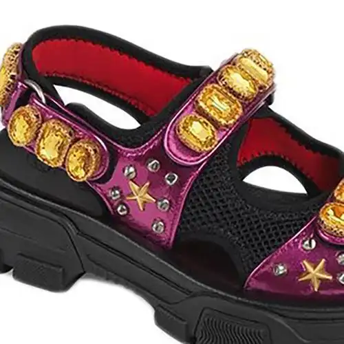 情人节礼物gucci古驰水钻宝石魔术贴拖鞋时同款时尚百搭女士平跟凉鞋