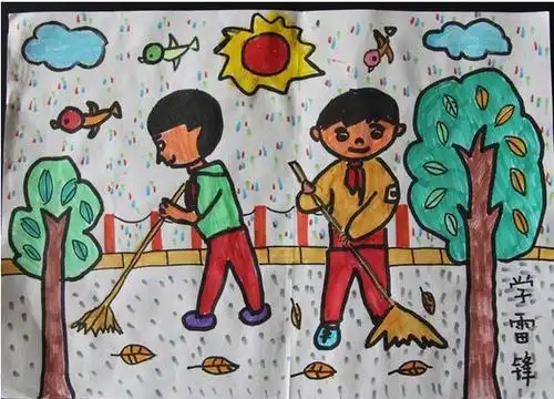 扫地的小男孩二年级学雷锋的绘画图片_节日儿童画 - 5068儿童网