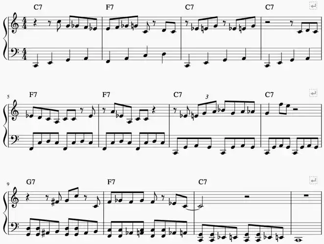 布鲁斯即兴里,特别是shuffle blues中,钢琴即兴主要以节奏律动为主,有