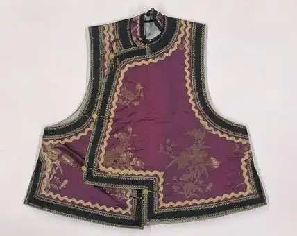 清 光绪 深藕荷色月季花纹织金缎小坎肩