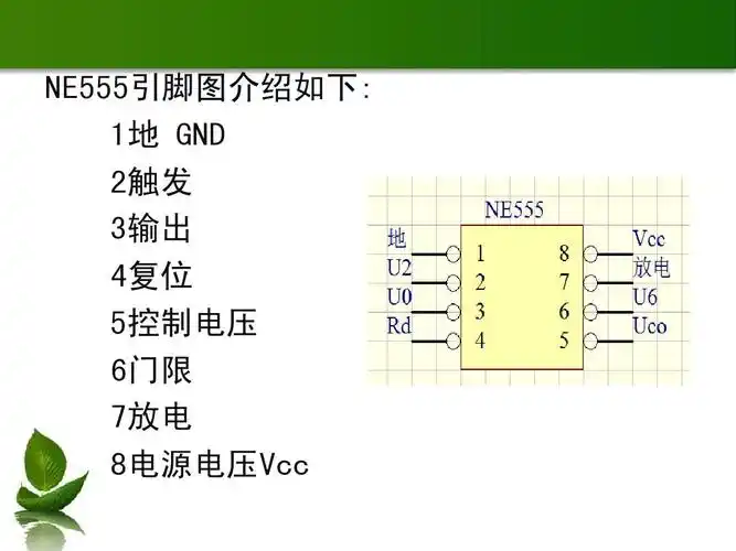 ne555引脚图介绍如下: 1地 gnd 2触发 3输出 4复位 5控制电压 6门限 7