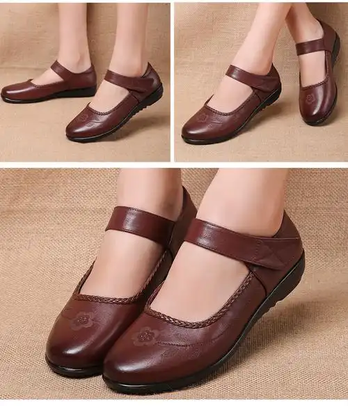 真皮单鞋女中跟坡跟平底软底舒适中老年妈妈鞋皮鞋18071