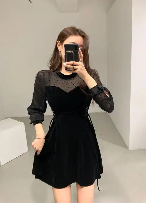 假两件气质丝绒绑带连衣裙