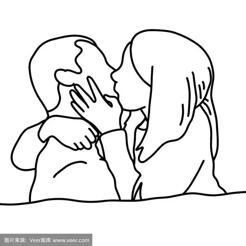 情侣们一起亲吻素描手