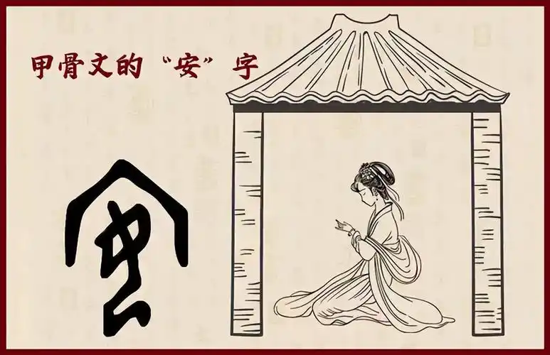 甲骨文的"安"(如下图),是一个代表房子的屋顶,屋里面端坐着一个女人.