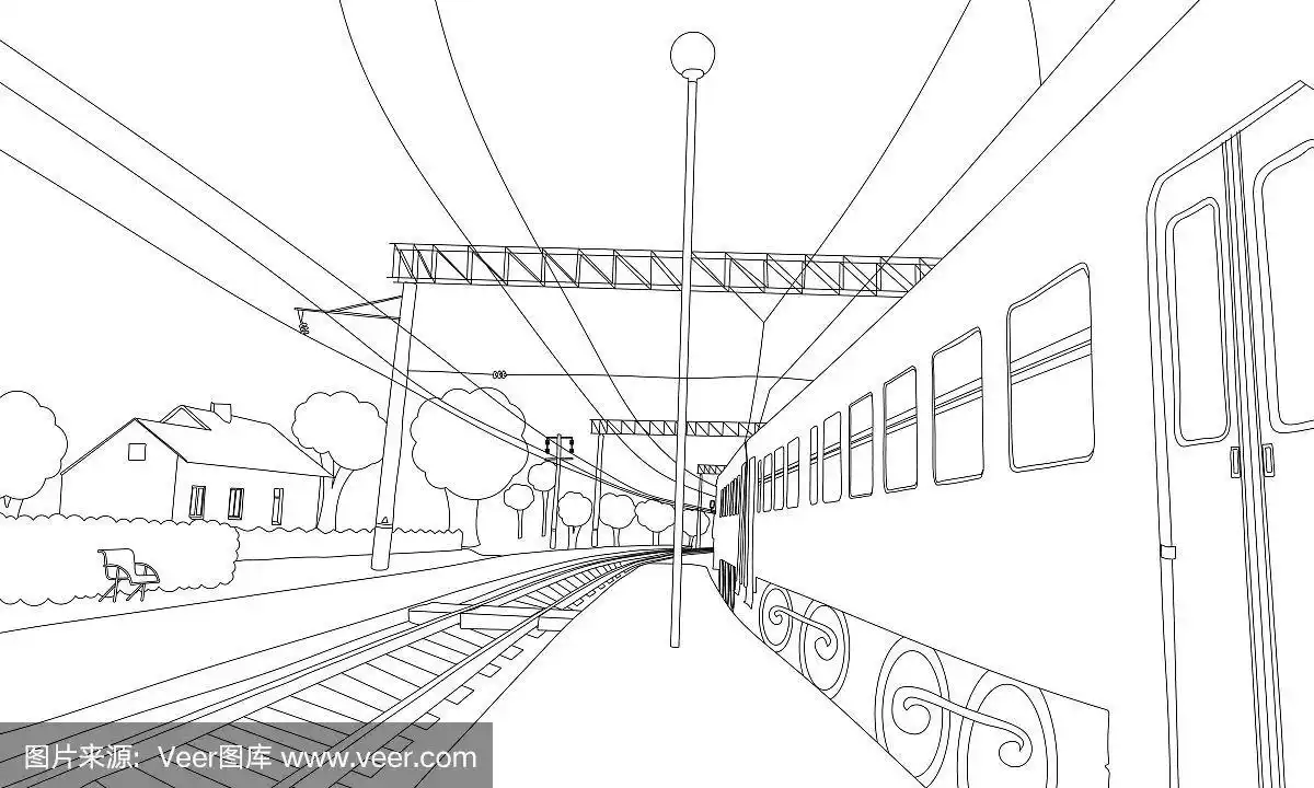 涂色书在站台上的火车.矢量插图.