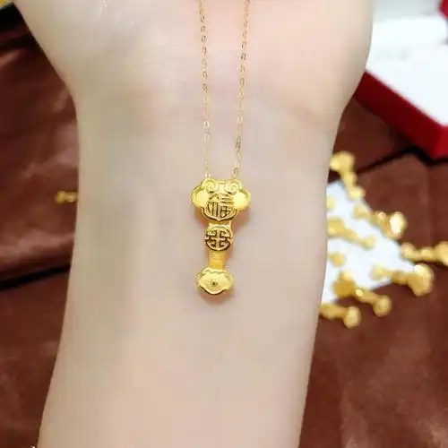 520情人节礼物老凤祥款式足金999纯金福牌如意黄金小吊坠3d硬金儿童套
