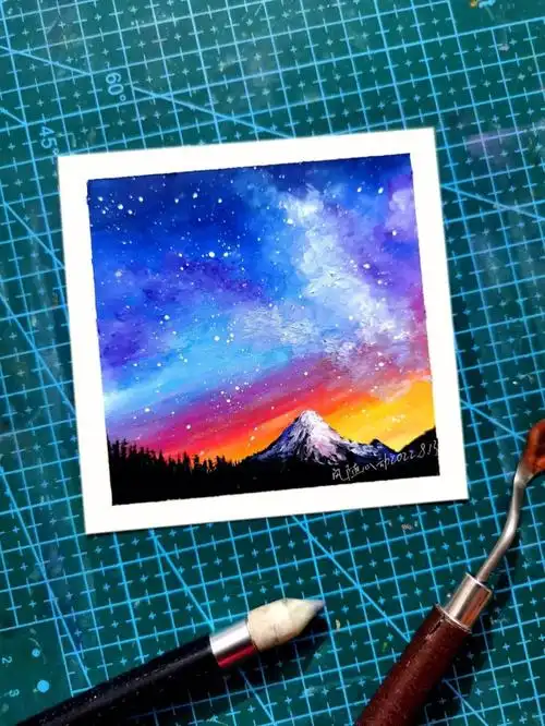 油画棒日照金山星空风景画附步骤