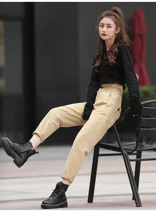 莎芡卡其色休闲裤女潮流时尚简约高腰纯色直筒裤小个子萝卜裤卡其色30