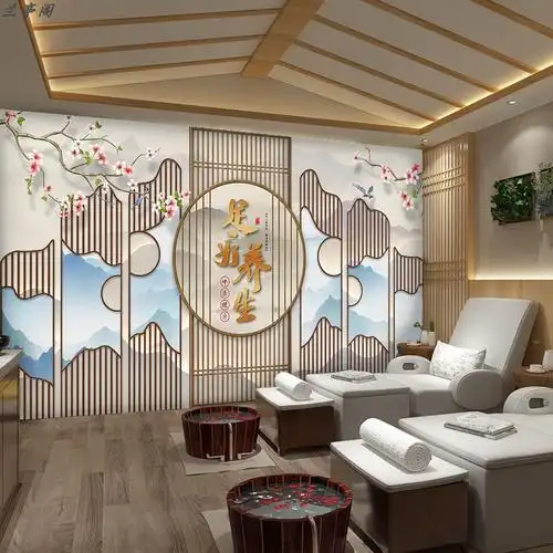 足疗足浴店墙纸中式美容院吧台背景墙布中医养生文化按摩推拿壁纸