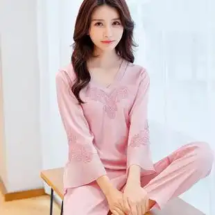 韩版秋季长袖冰丝睡衣套装春秋薄款女士真丝清新可外穿丝绸家居服