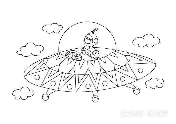 插画 手绘可爱的机器人驾驶宇宙飞船为设计元素和着色书页为孩子和