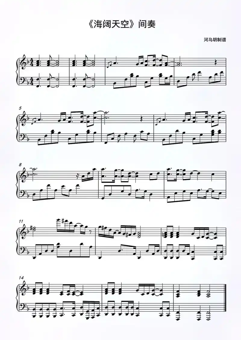 海阔天空间奏钢琴谱.