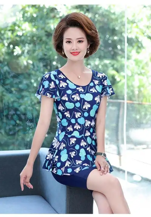 佑游泳衣女妈妈款中老年人连体保守遮肚显瘦游泳衣温泉加大码泳装