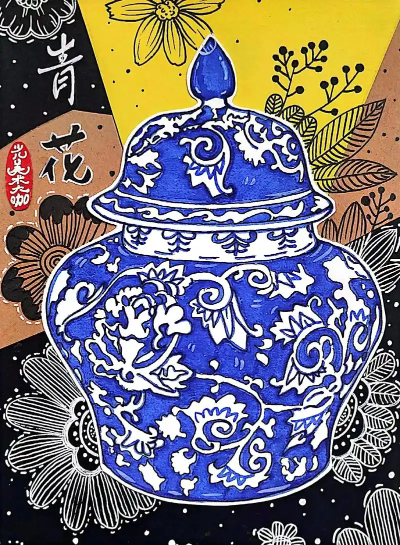 创意美术课程儿童画青花瓷