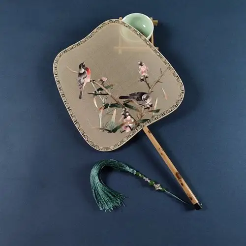 制扇紫竹通柄宋风团扇宫扇手工刺绣真丝双面工艺扇