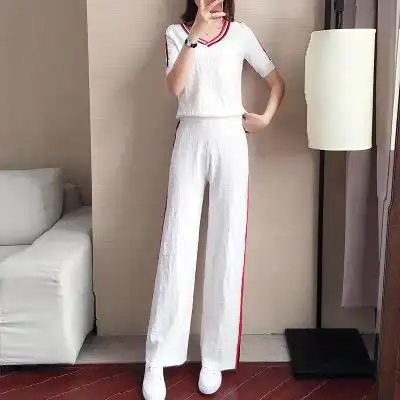 ht668787休闲阔腿裤套装女夏季2020新款洋气女士时尚冰丝针织运动服两
