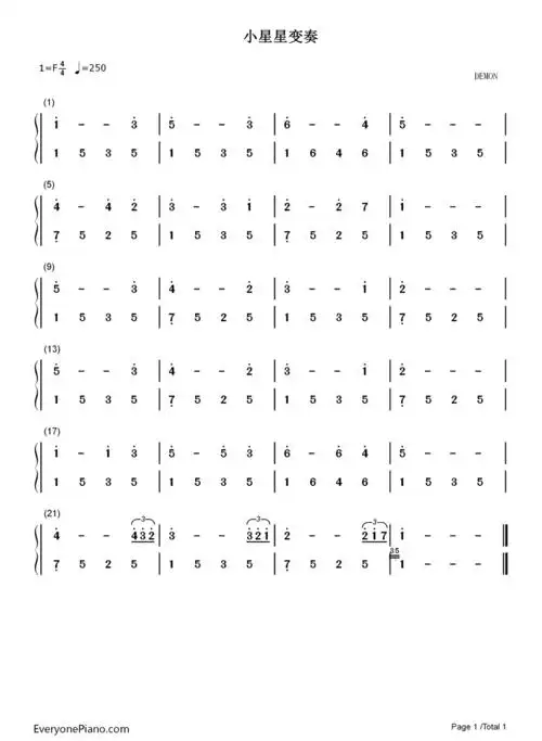 小星星变奏曲-demon双手简谱预览1-钢琴谱文件(五线谱,双手简谱,数字