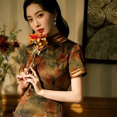 2022春夏新款女装走秀款手抓纹立领春夏款旗袍时尚复古礼服c2007