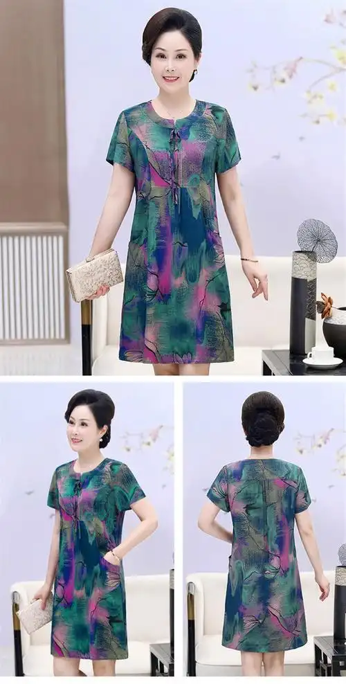 高档轻奢奶奶绵绸连衣裙中老年女装60岁70妈妈中长款老人棉绸短袖裙子