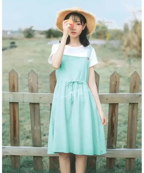裙子夏新款女学生韩版宽松小清新背带裙女短袖文艺吊带连衣裙套装