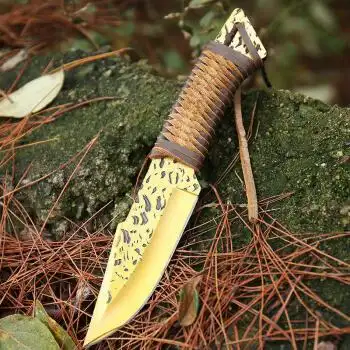 功能弹簧钢刀手工锻打高硬度随身战术野外求生防身刀具小刀一体 金色