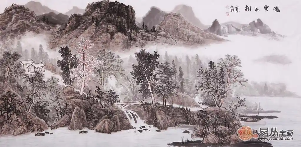 沈兆祥四尺横幅山水画作品《晚云秋树》