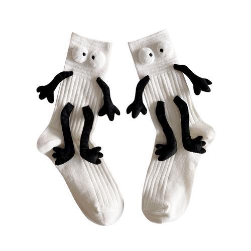 磁吸牵手袜子儿童卡通玩偶搞怪情侣中长筒袜女黑白色纯棉小腿袜