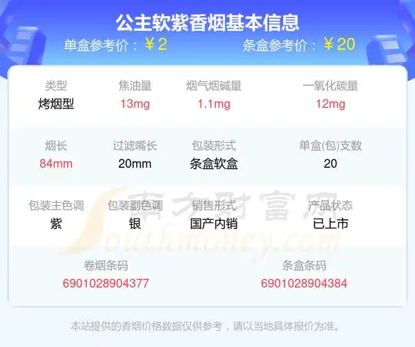 公主软紫香烟价格2024一包多少钱