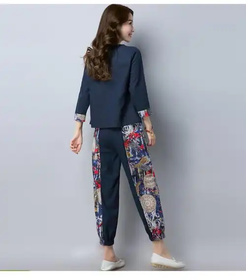 民族风女装棉麻套装2017新款秋装宽松长袖复古时尚休闲阔腿两件套_7折