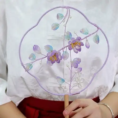 女旗袍汉服团扇中国风长柄扇古风扇子旅游拍照diy手工琉璃新中式