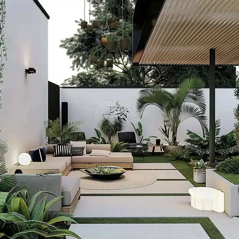 现代庭院设计独具匠心,巧妙地将各种植物与硬质景观相结合,营造出简约