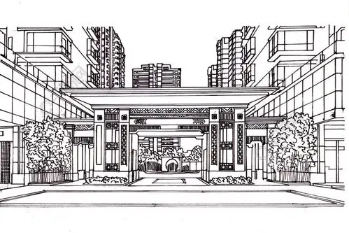 手绘建筑植物场景矢量线条房地产大门