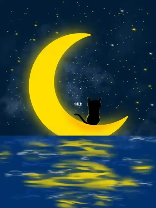 月亮与猫咪手机壁纸插画