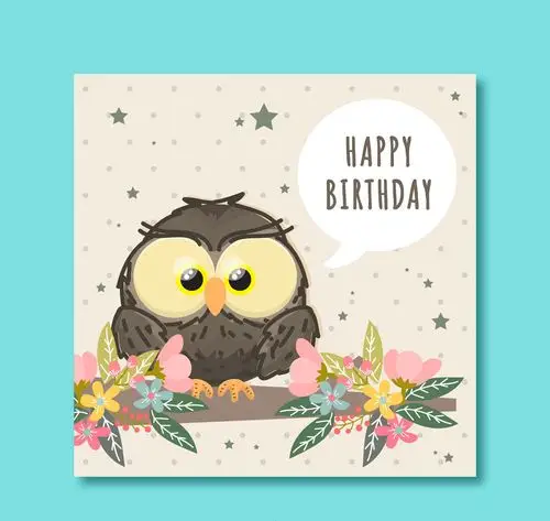 可爱猫头鹰生日贺卡矢量图