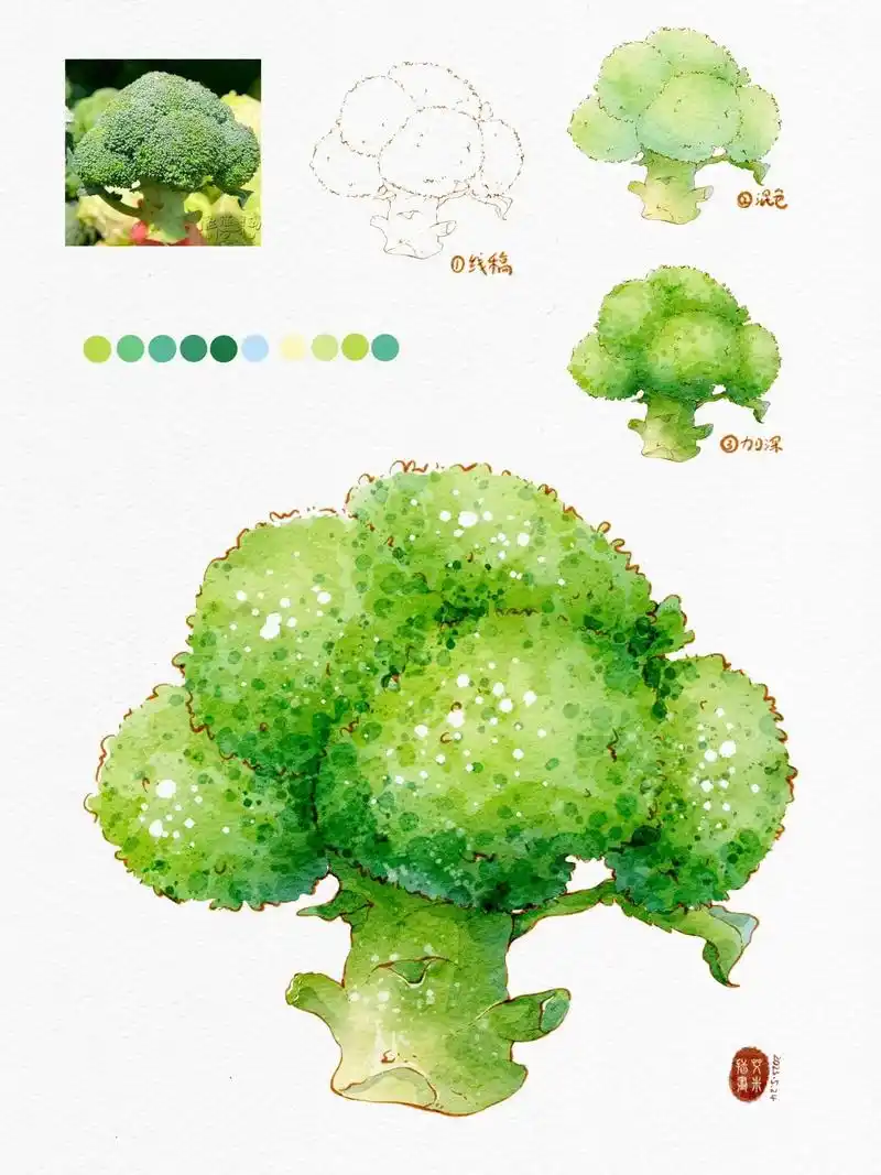 蔬菜主题-花椰菜.课程指路@v脸喵插画 有课 #水彩 #pr - 抖音