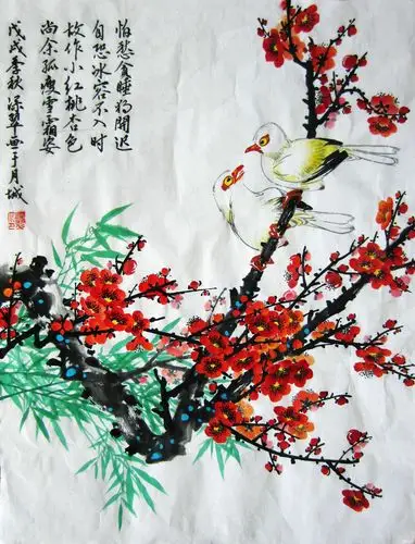 国画《鸟语花香》