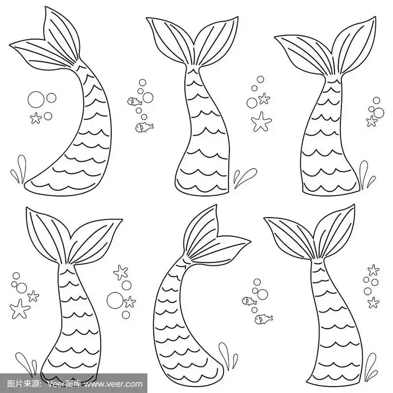 美人鱼的尾巴.矢量黑白着色页