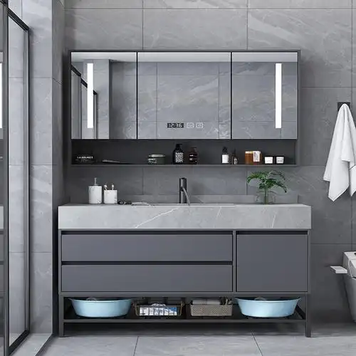 轻奢岩板一体浴室柜组合洛滑落地式洗脸洗手池洗漱台盆卫生间现代简约