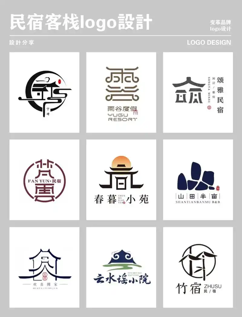 一般民宿logo多以新中式,国风设计为主,传统吉祥纹样符号,书法,街筑