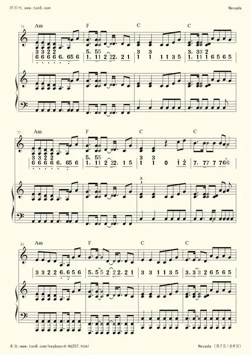 电子琴谱:nevada(定制伴奏)