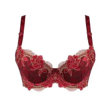 调整型文胸小胸牡丹刺绣红厚上薄下厚内衣女胸罩 枣红 80c