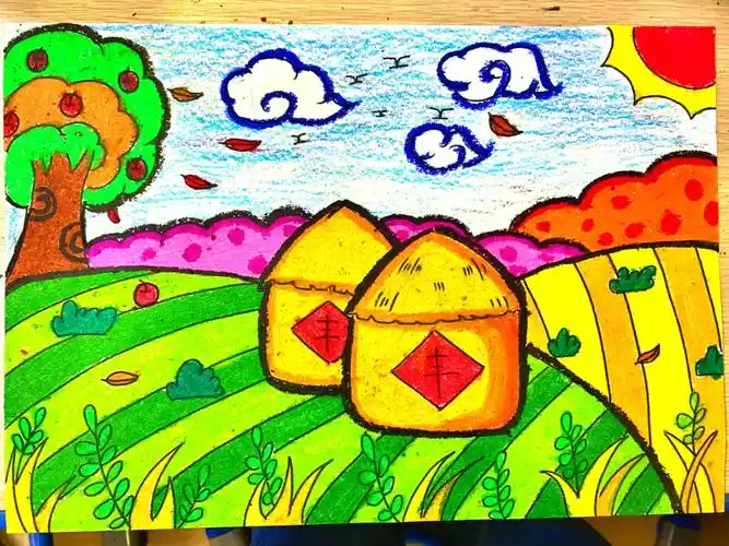 创意美术  #儿童画 ###油画棒  #丰收  #丰收的季节  #农民丰收浇