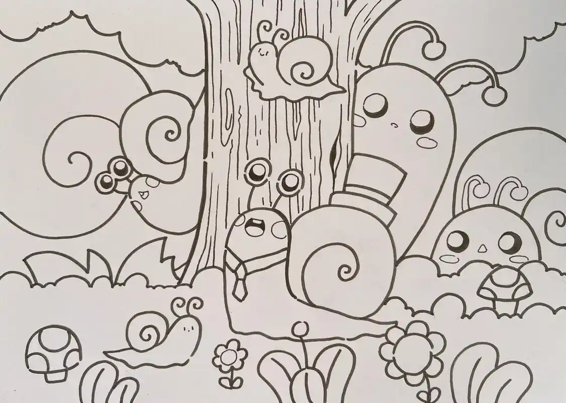 蜗牛家族儿童画森林大树花朵蘑菇简笔画手绘 美术宝 蜗牛城堡 课效