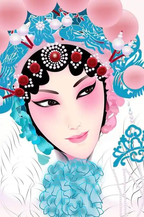 q版国潮可爱风花旦脸谱插画京剧脸谱图片新款十字绣卡通中国戏曲人物