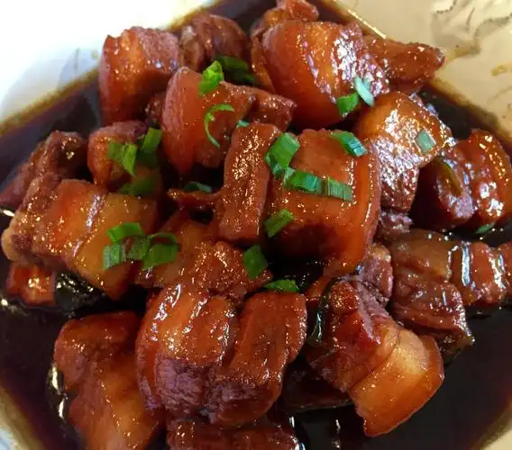 1准备食材.五花肉一块,姜一块,冰糖一小碗.