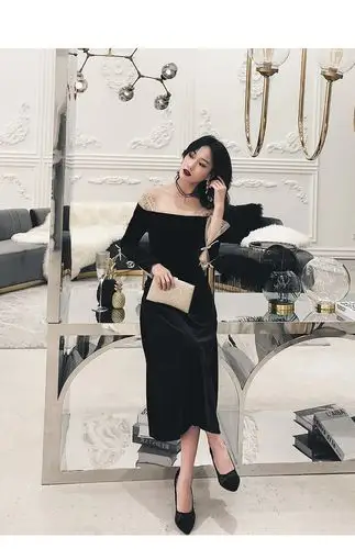 复古宴会显瘦黑色晚礼服一字肩年会晚宴礼服名媛聚会派对礼服裙女